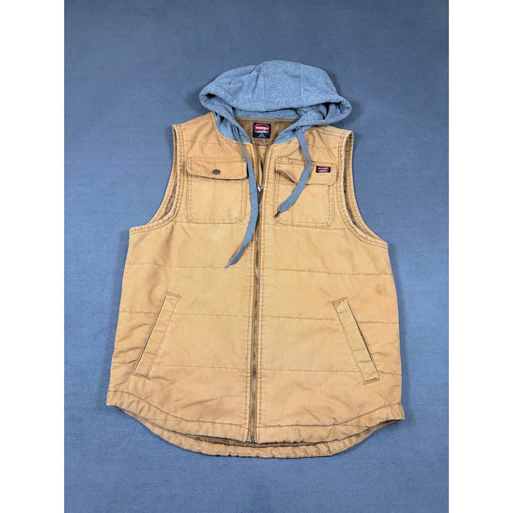 Wrangler Workwear Hooded Canvas Vest Mens Medium Brown Quilted Lined 55110DW